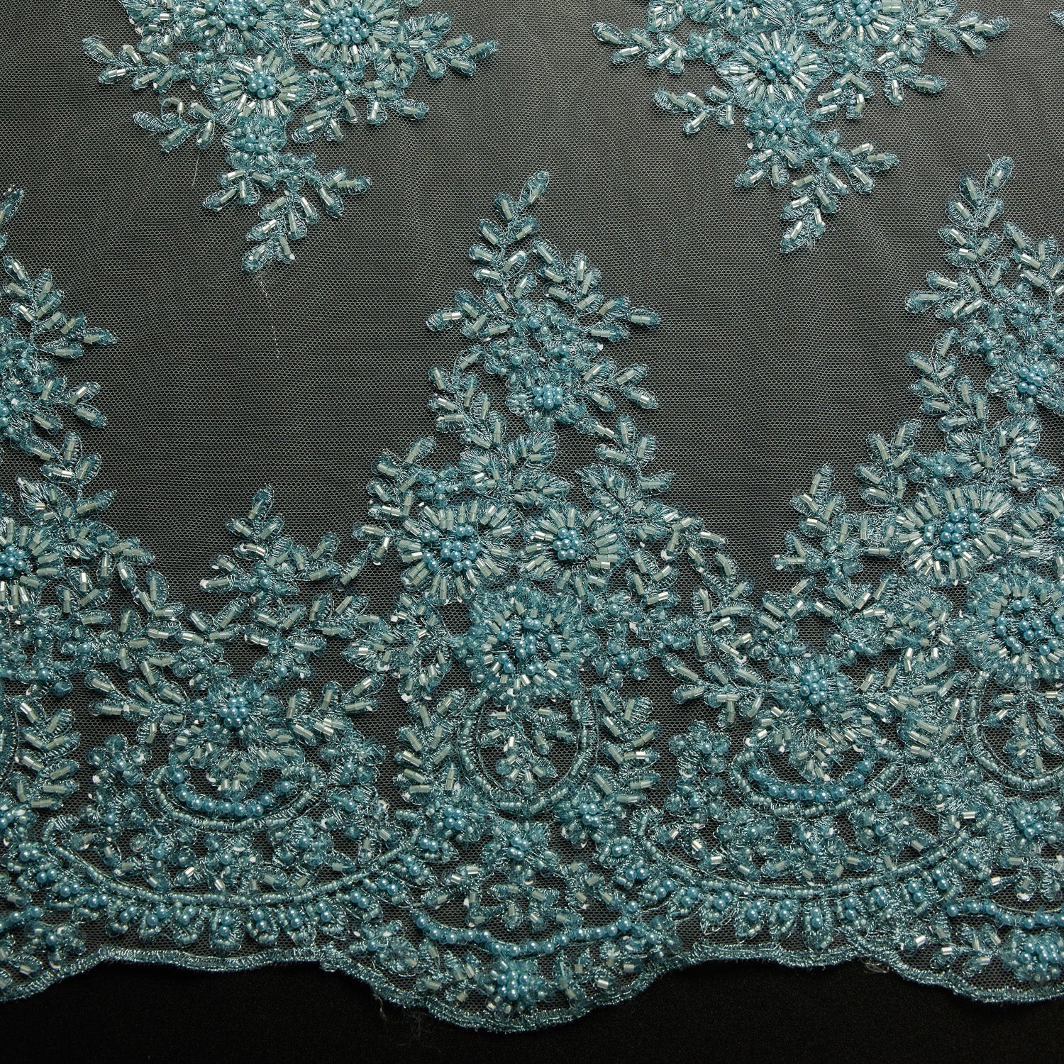 TULLE WITH METALLIC EMB WITH BEADS AND SEQ 100% POLYESTER 50/ 52" BABY BLUE - Exquisite Fabrics