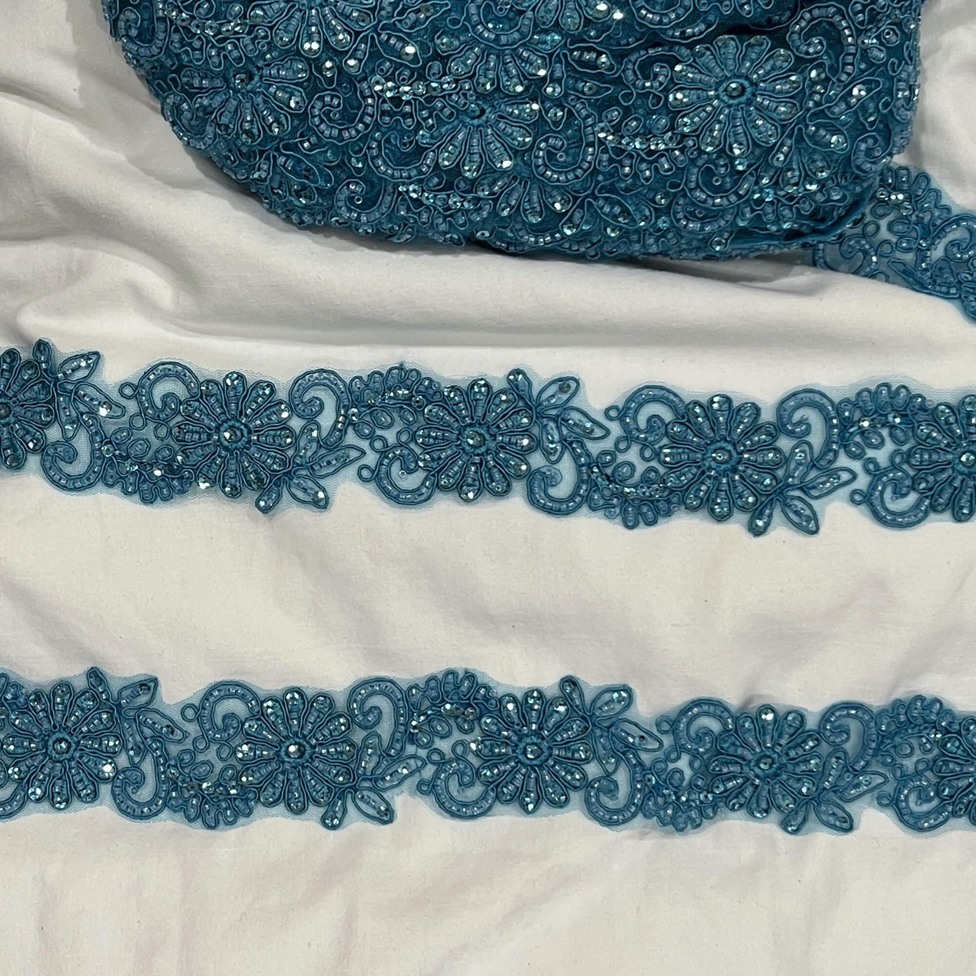 Beaded & Corded Lace Trimming Embroidered on 100% Polyester Net Mesh | Lace USA - 96275W-BP