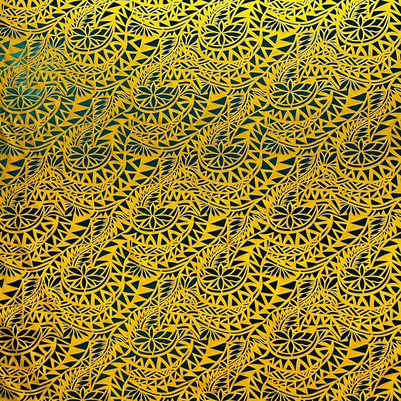 Traditional Polynesian Tattoo Water Lily design Polyester Foil Fabric | Islands Fabric