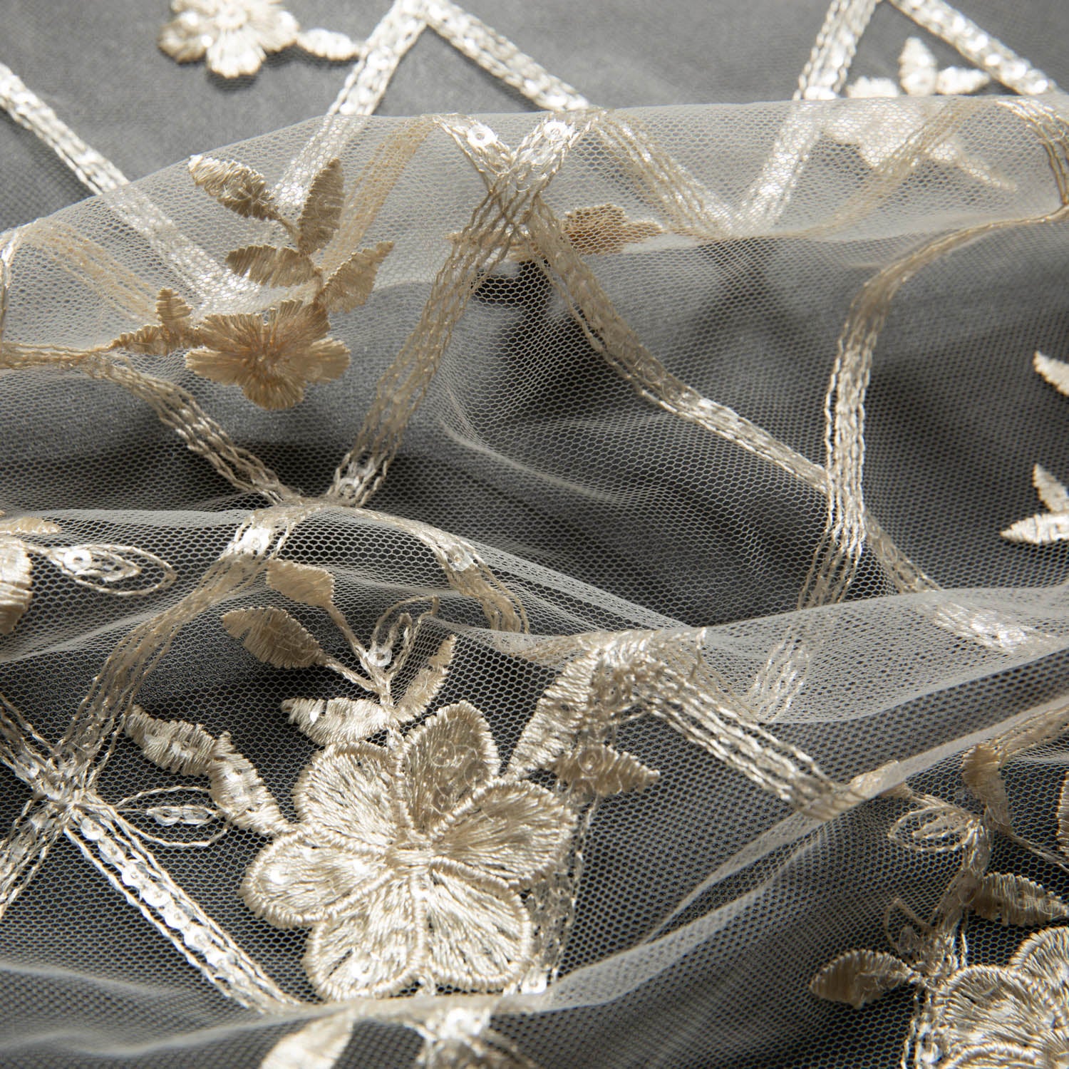 Tulle Lace Fabric Embroidered with Sequins and Floral Design 52" Wide | Exquisite Fabric