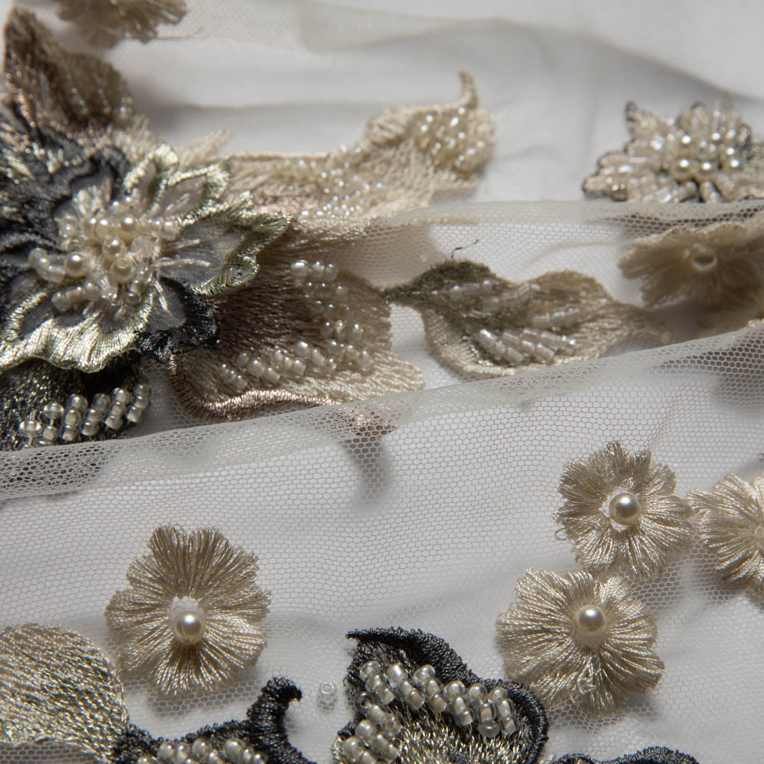 Tulle Lace Fabric Embroidered with Applique and Amazing 3D Floral Design 52" Wide | Exquisite Fabric