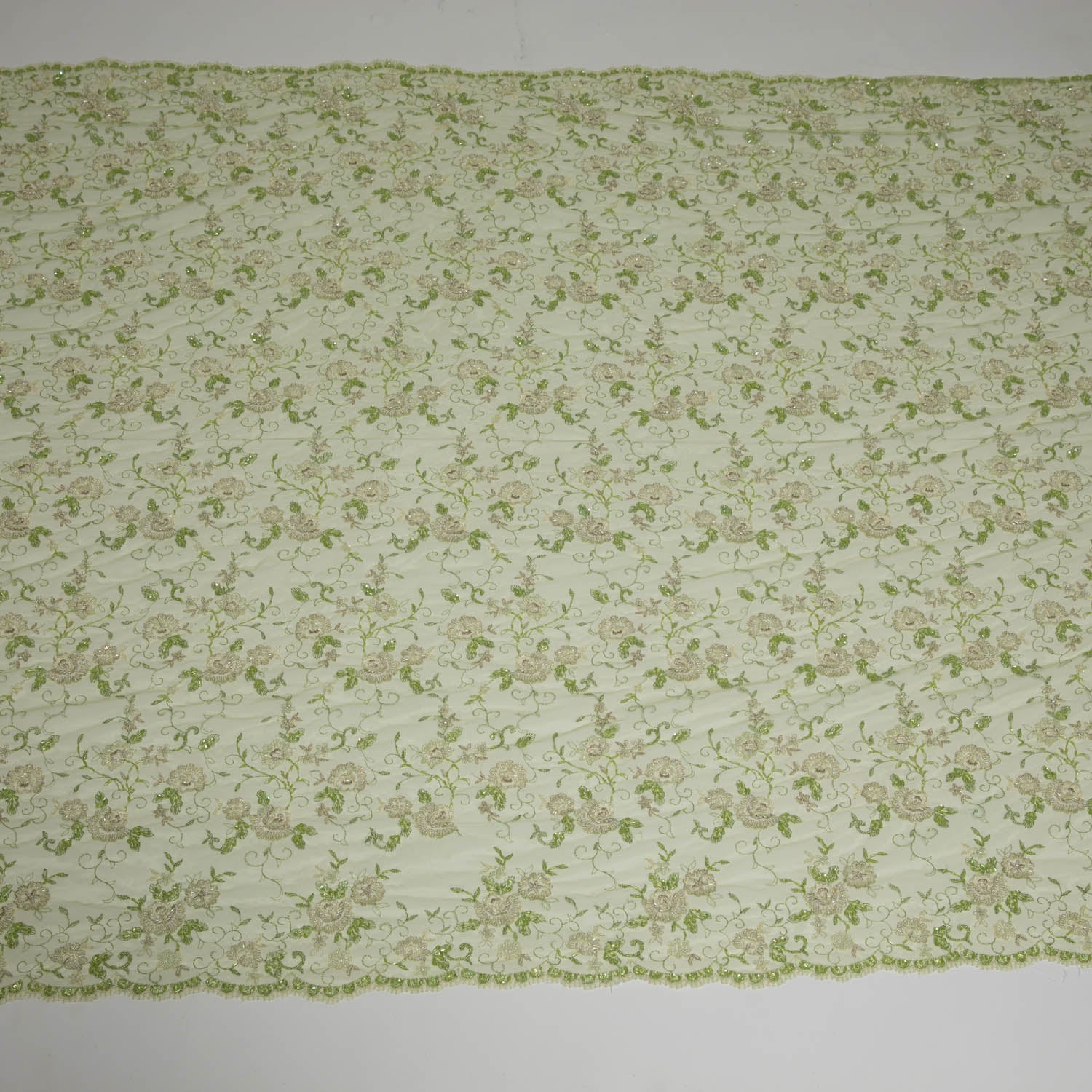 GREEN EMBROIDERED TULLE LACE FABRIC WITH LAVISH 3D DESIGN 52" WIDE | Exquisite Fabric