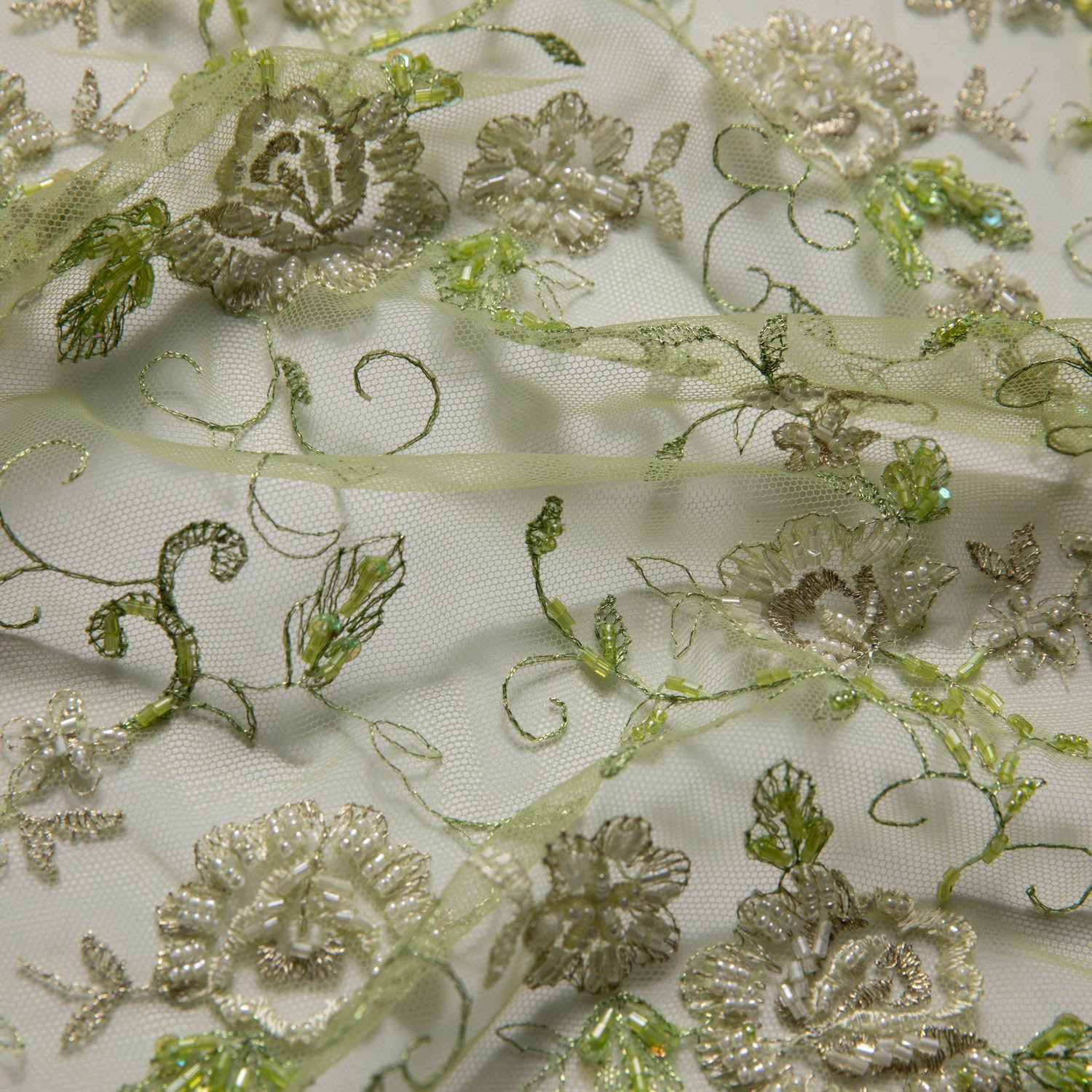 GREEN EMBROIDERED TULLE LACE FABRIC WITH LAVISH 3D DESIGN 52" WIDE | Exquisite Fabric