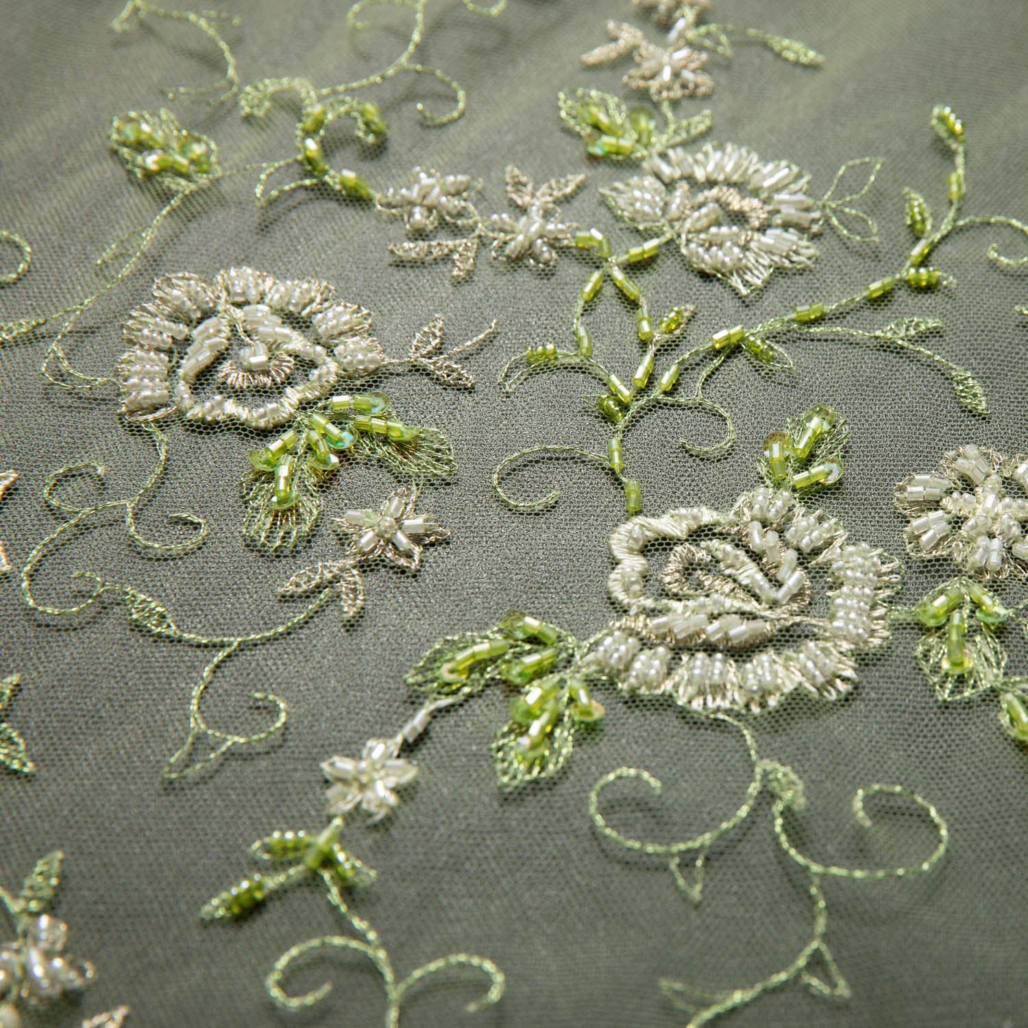 GREEN EMBROIDERED TULLE LACE FABRIC WITH LAVISH 3D DESIGN 52" WIDE | Exquisite Fabric