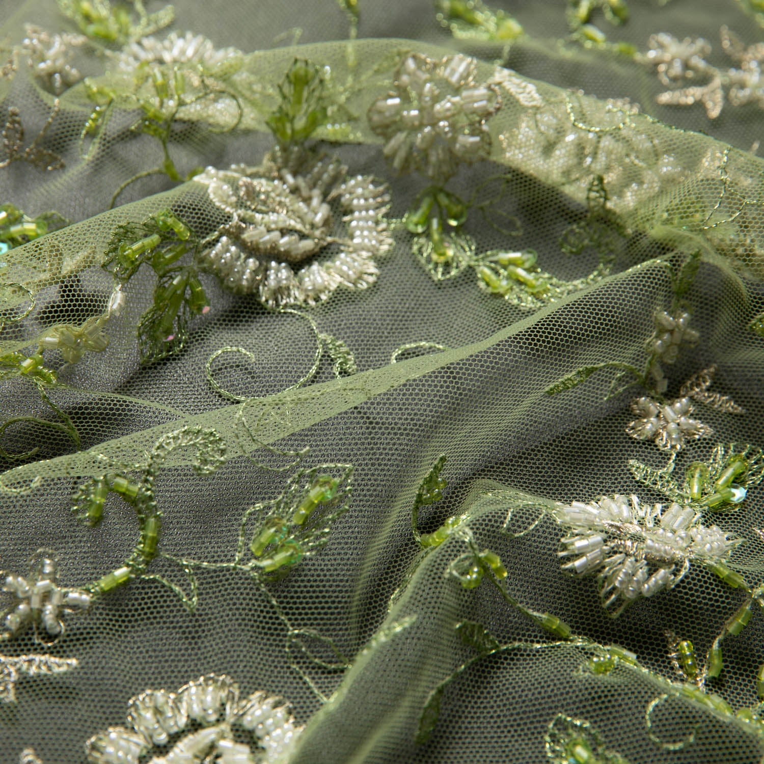 GREEN EMBROIDERED TULLE LACE FABRIC WITH LAVISH 3D DESIGN 52" WIDE | Exquisite Fabric