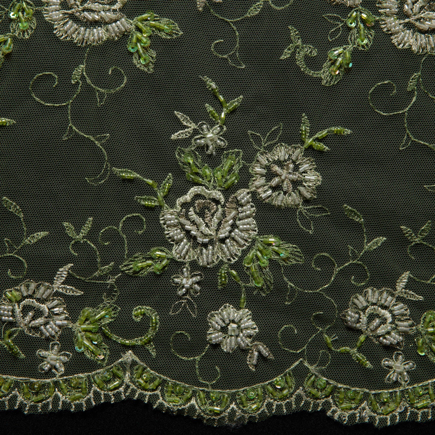 GREEN EMBROIDERED TULLE LACE FABRIC WITH LAVISH 3D DESIGN 52" WIDE | Exquisite Fabric