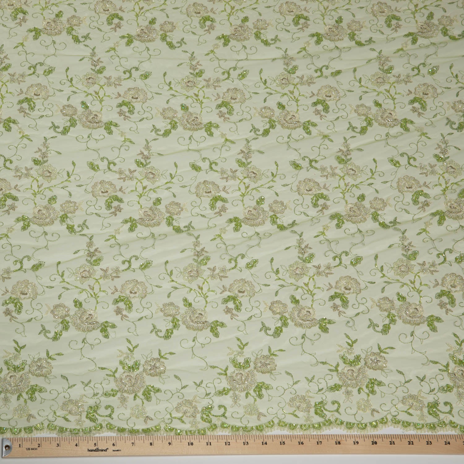 GREEN EMBROIDERED TULLE LACE FABRIC WITH LAVISH 3D DESIGN 52" WIDE | Exquisite Fabric