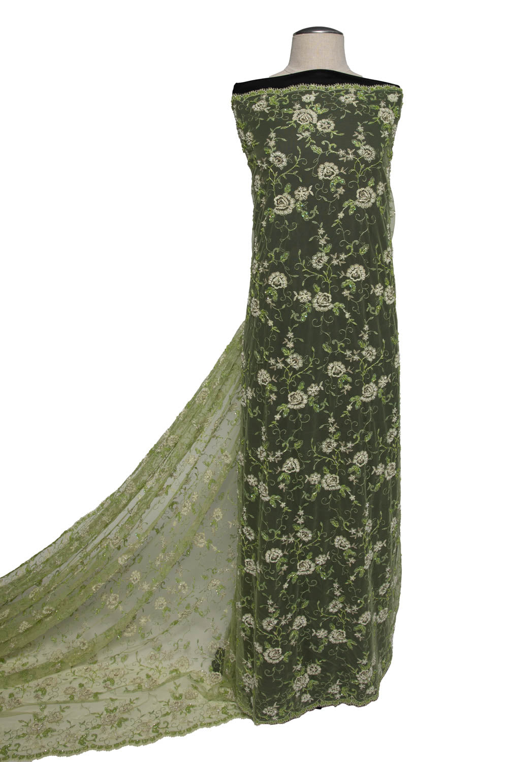 GREEN EMBROIDERED TULLE LACE FABRIC WITH LAVISH 3D DESIGN 52" WIDE | Exquisite Fabric