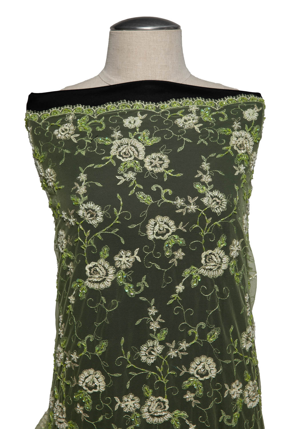 GREEN EMBROIDERED TULLE LACE FABRIC WITH LAVISH 3D DESIGN 52" WIDE | Exquisite Fabric