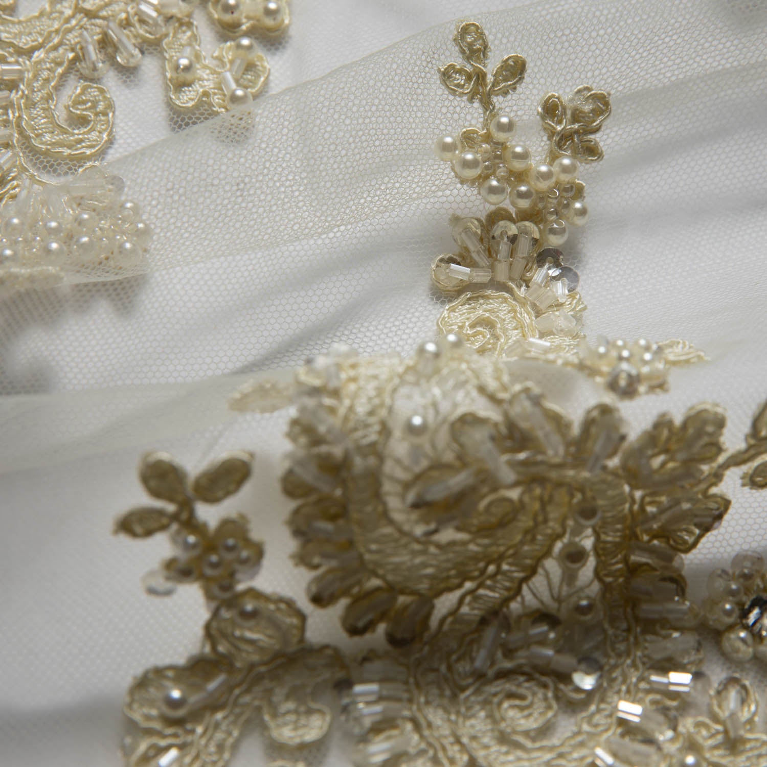 IVORY EMBROIDERED TULLE LACE FABRIC WITH RICH INTRICATE DESIGN 52" WIDE | Exquisite Fabric