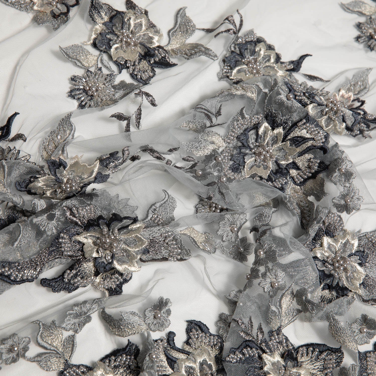 Tulle Lace Fabric Embroidered with Applique and Amazing 3D Floral Design 52" Wide | Exquisite Fabric