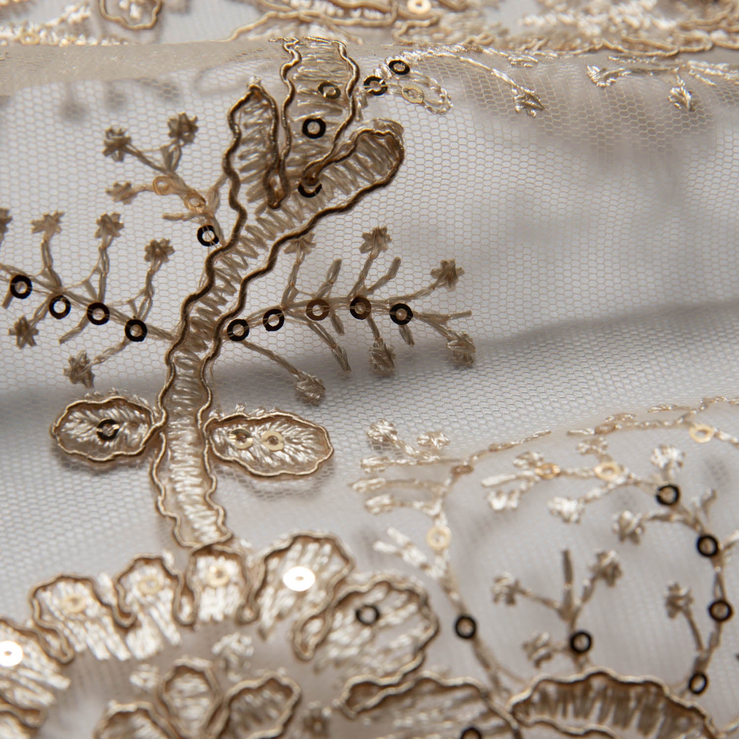 Tulle Lace Fabric Embroidered with Cord, Sequins and Floral Design 52" Wide | Exquisite Fabric