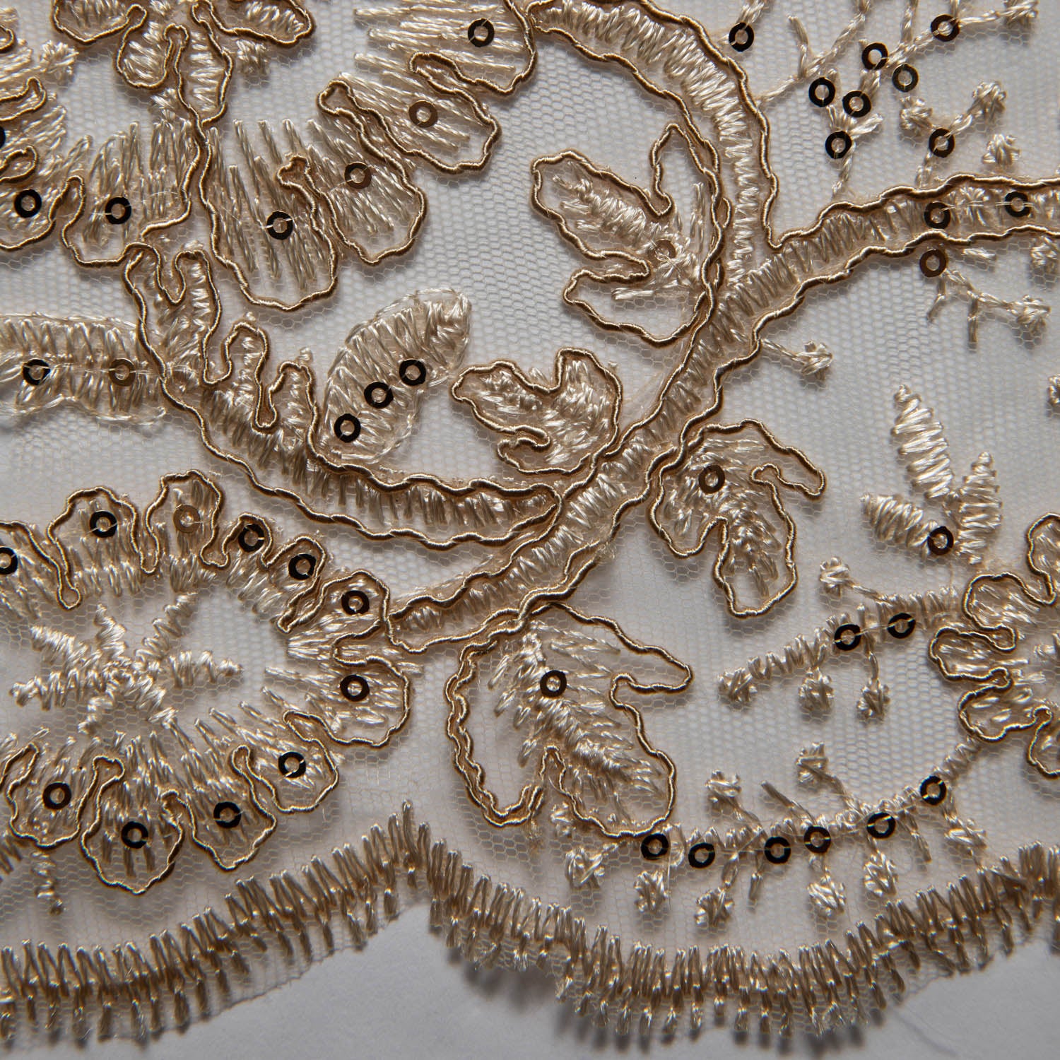 Tulle Lace Fabric Embroidered with Cord, Sequins and Floral Design 52" Wide | Exquisite Fabric