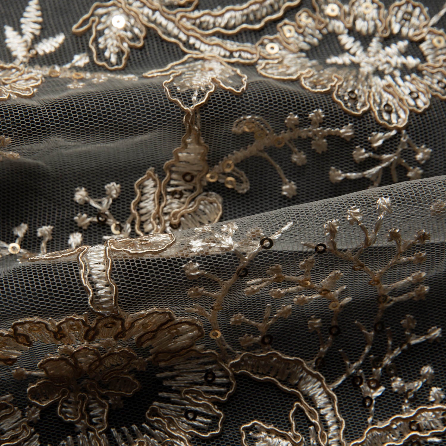 Tulle Lace Fabric Embroidered with Cord, Sequins and Floral Design 52" Wide | Exquisite Fabric
