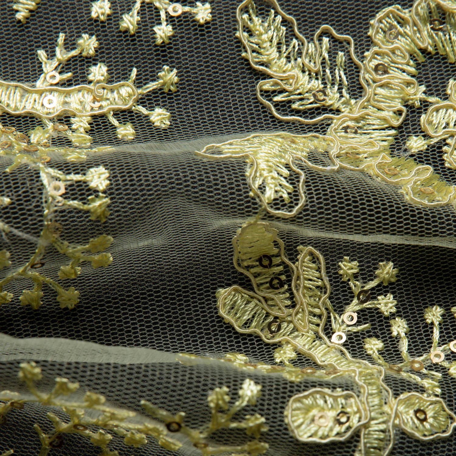 Tulle Lace Fabric Embroidered with Cord, Sequins and Floral Design 52" Wide | Exquisite Fabric