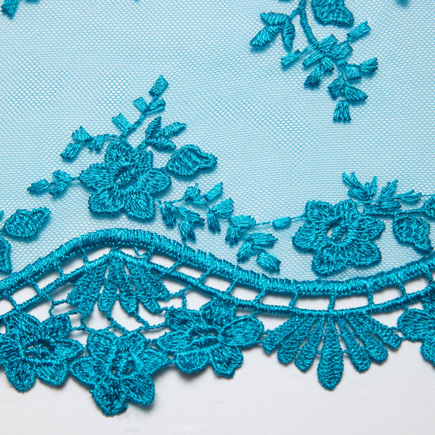 TURQUOISE EMBROIDERED LACE FABRIC WITH FLORAL DESIGN 52" WIDE | Exquisite Fabric