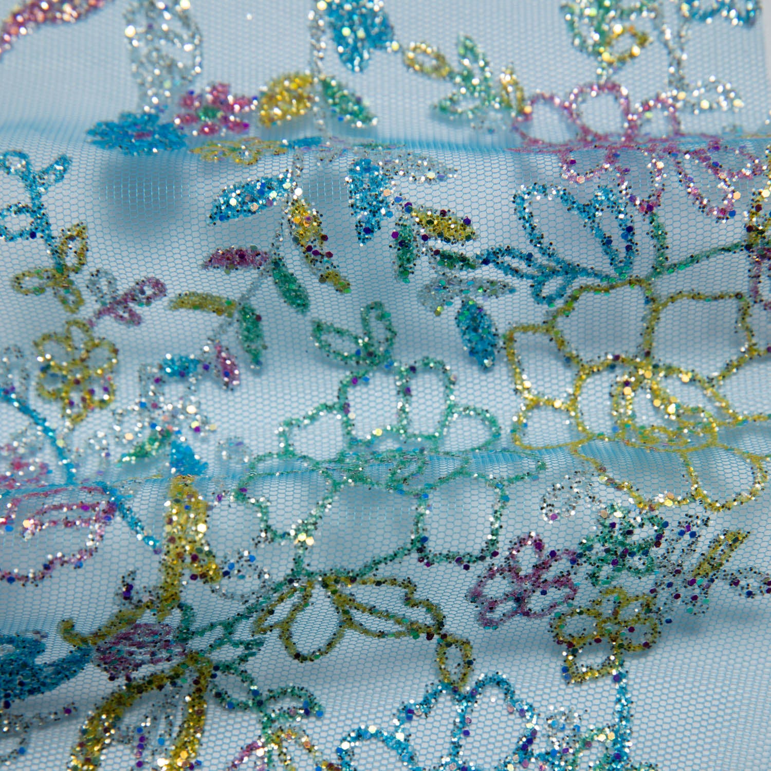 Tulle Lace Fabric with Multicolor Glitter and Floral Pattern 58" Wide | Exquisite Fabric