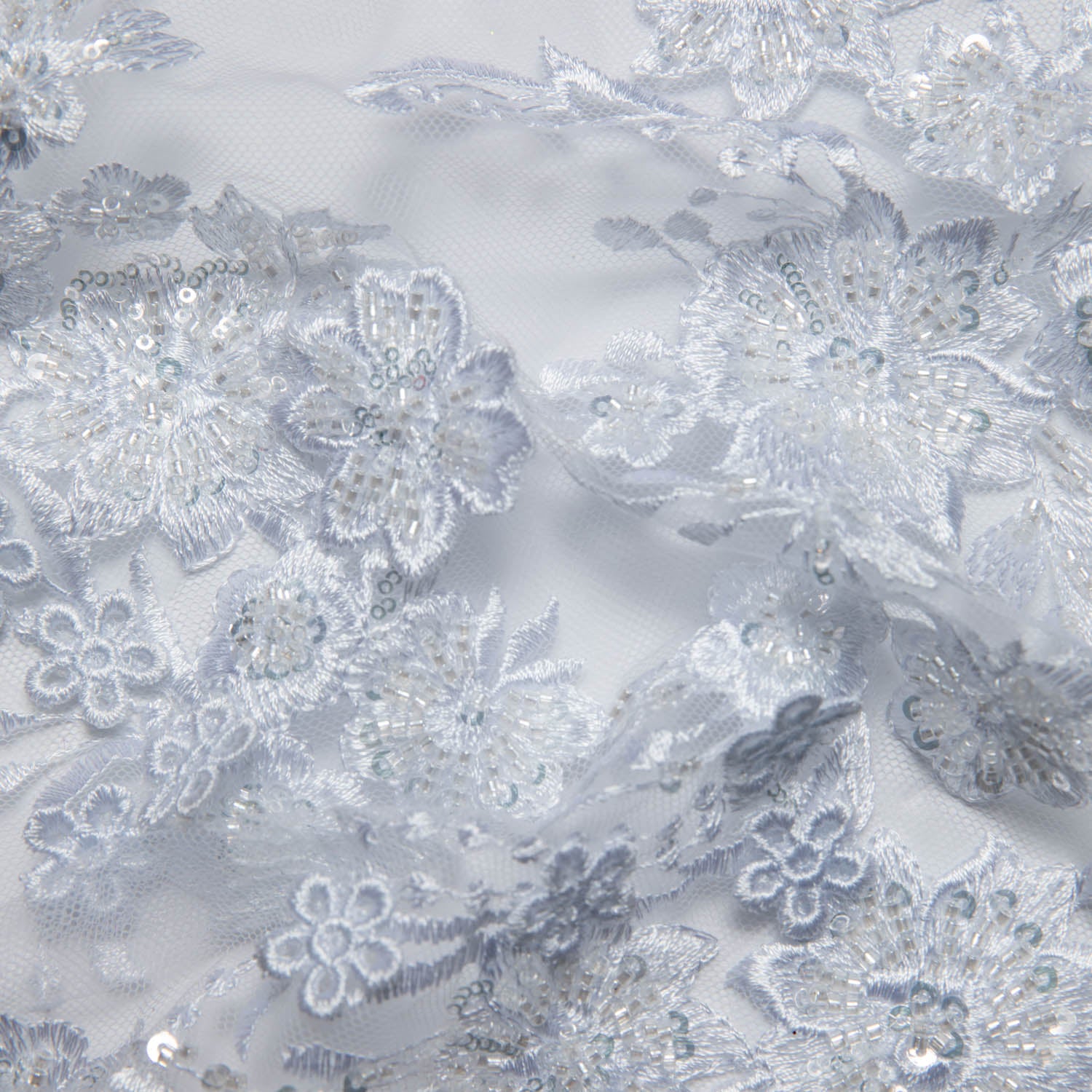 WHITE EMBROIDERED TULLE LACE WITH APPLIQUE WITH RICH INTRICATE 3D DESIGN 52" WIDE | Exquisite Fabric