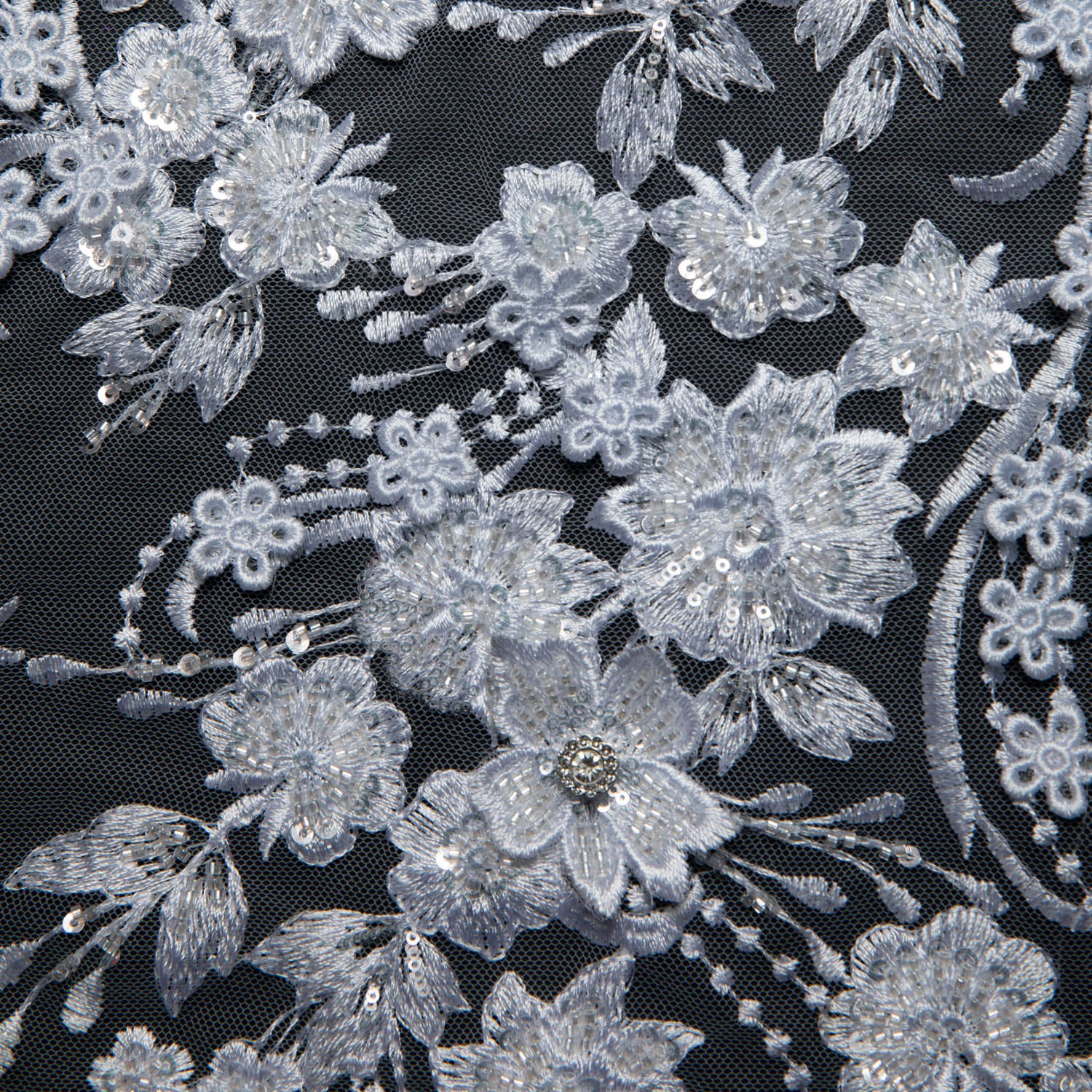 WHITE EMBROIDERED TULLE LACE WITH APPLIQUE WITH RICH INTRICATE 3D DESIGN 52" WIDE | Exquisite Fabric