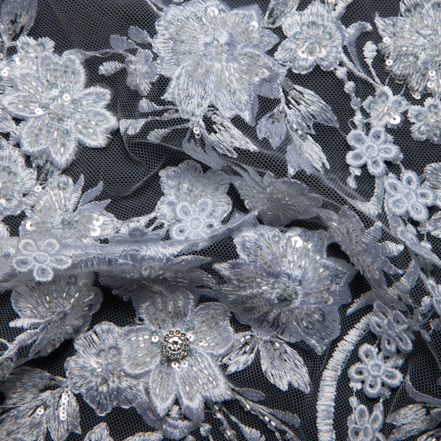 WHITE EMBROIDERED TULLE LACE WITH APPLIQUE WITH RICH INTRICATE 3D DESIGN 52" WIDE | Exquisite Fabric