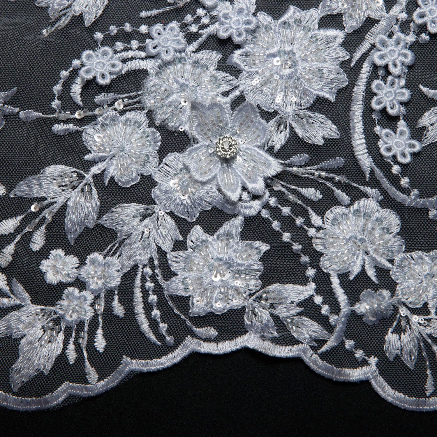 WHITE EMBROIDERED TULLE LACE WITH APPLIQUE WITH RICH INTRICATE 3D DESIGN 52" WIDE | Exquisite Fabric
