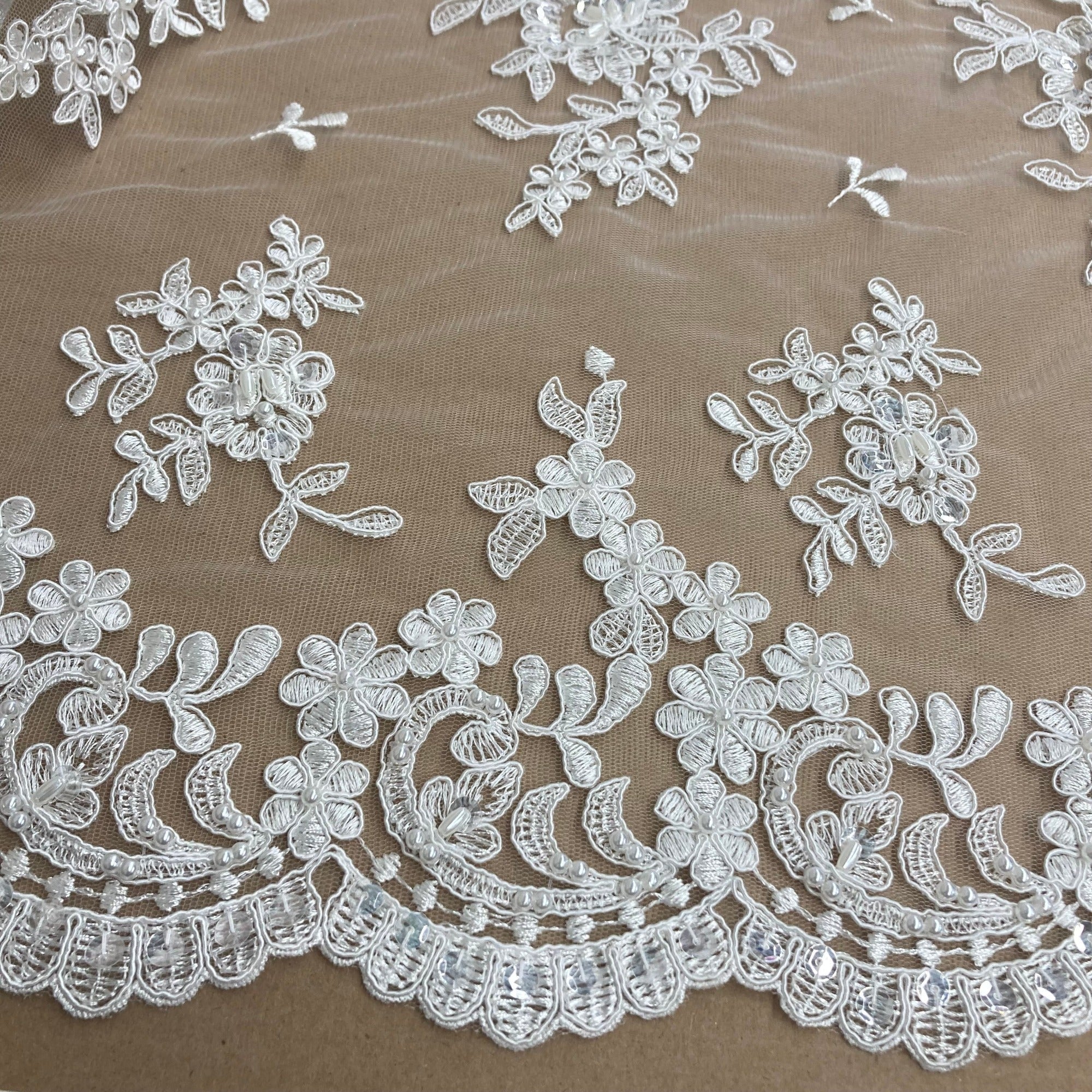 Beaded & Corded Lace Fabric – Floral Design with Scalloped Edges | Lace USA - 91436W-BP