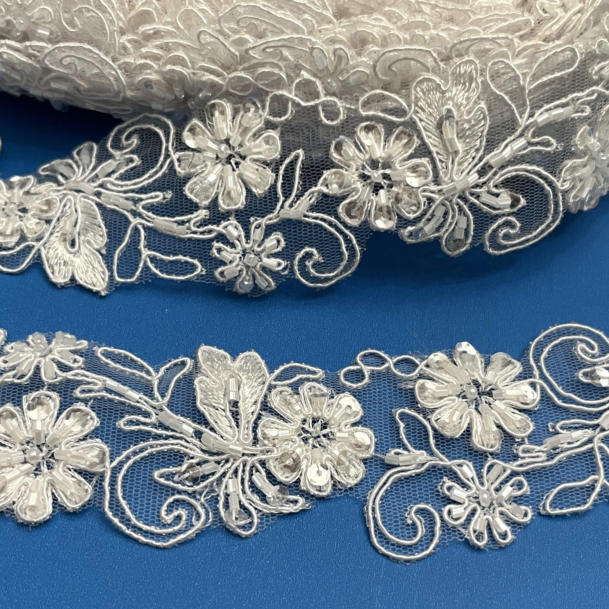 Beaded & Corded Lace Trimming Embroidered on 100% Polyester Net Mesh | Lace USA - 96283W-BP