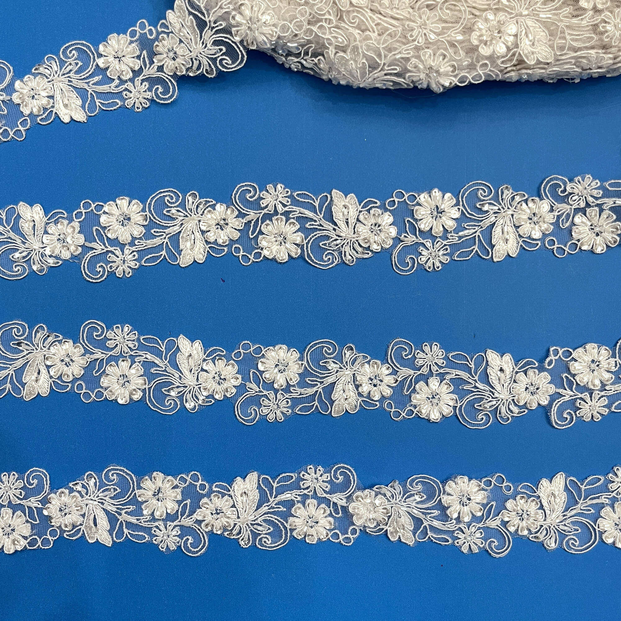 Beaded & Corded Lace Trimming Embroidered on 100% Polyester Net Mesh | Lace USA - 96283W-BP
