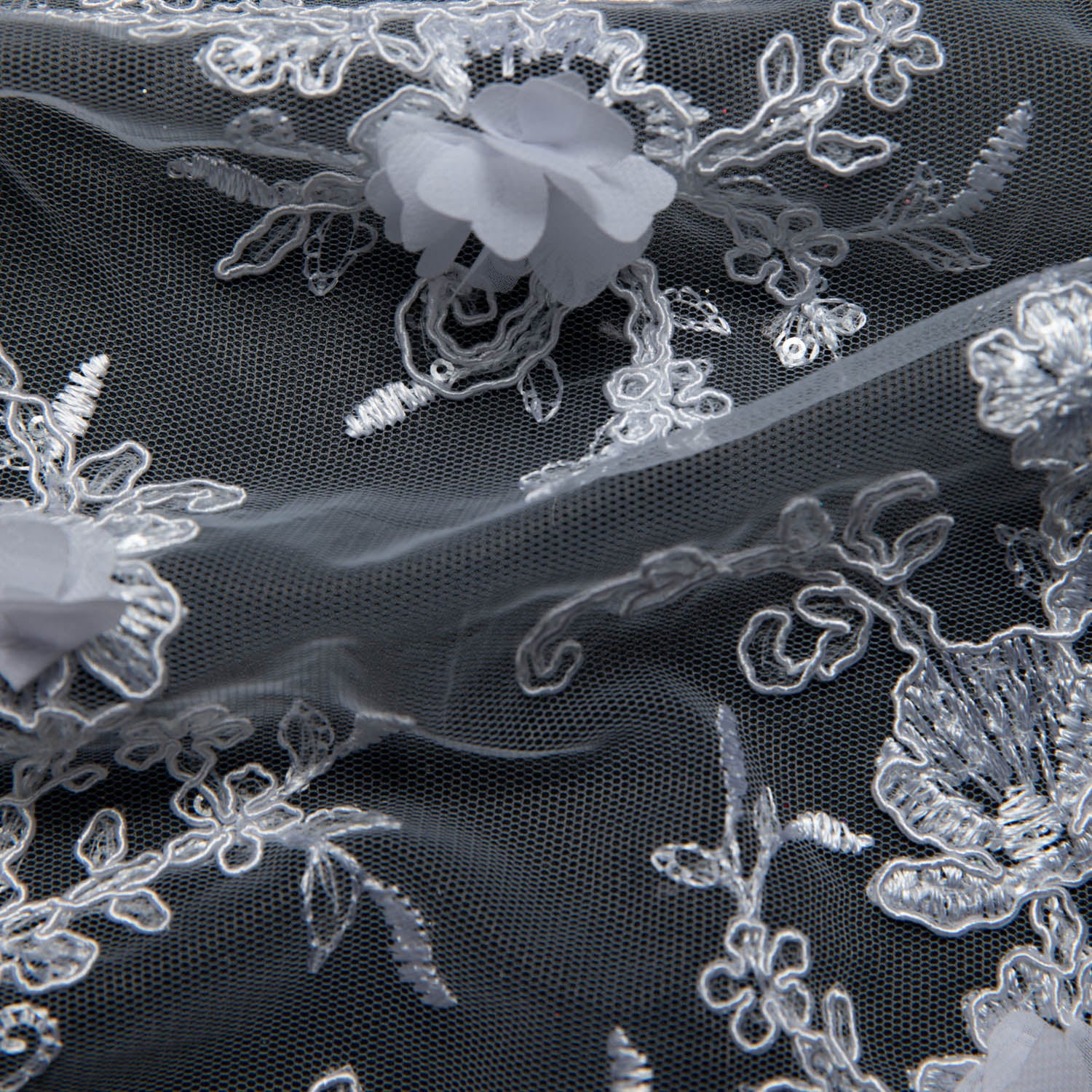 Tulle Lace Fabric Embroidered W/Applique with 3D Floral Pattern 52" Wide | Exquisite Fabric