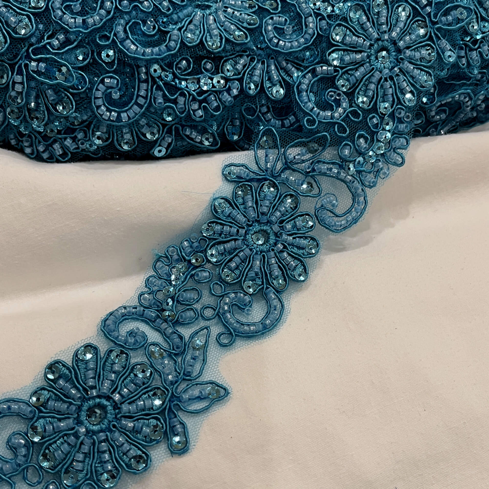 Beaded & Corded Lace Trimming Embroidered on 100% Polyester Net Mesh | Lace USA - 96275W-BP