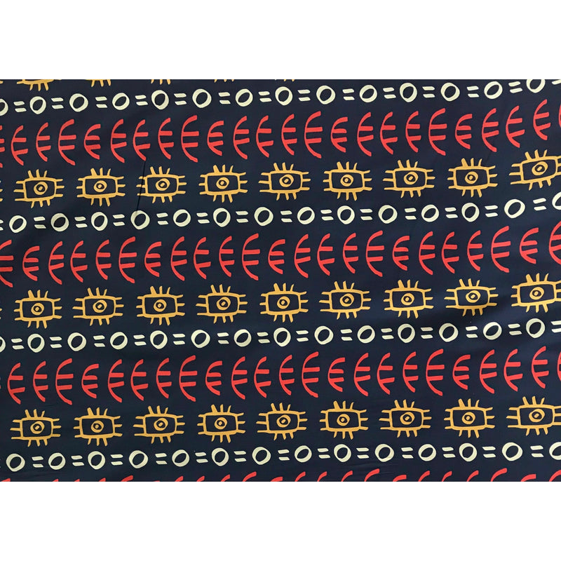 African Print, Stretch Cotton Satin Fabric- Navy, Orange, Marigold, Beige “Abimbola”, Per Yard