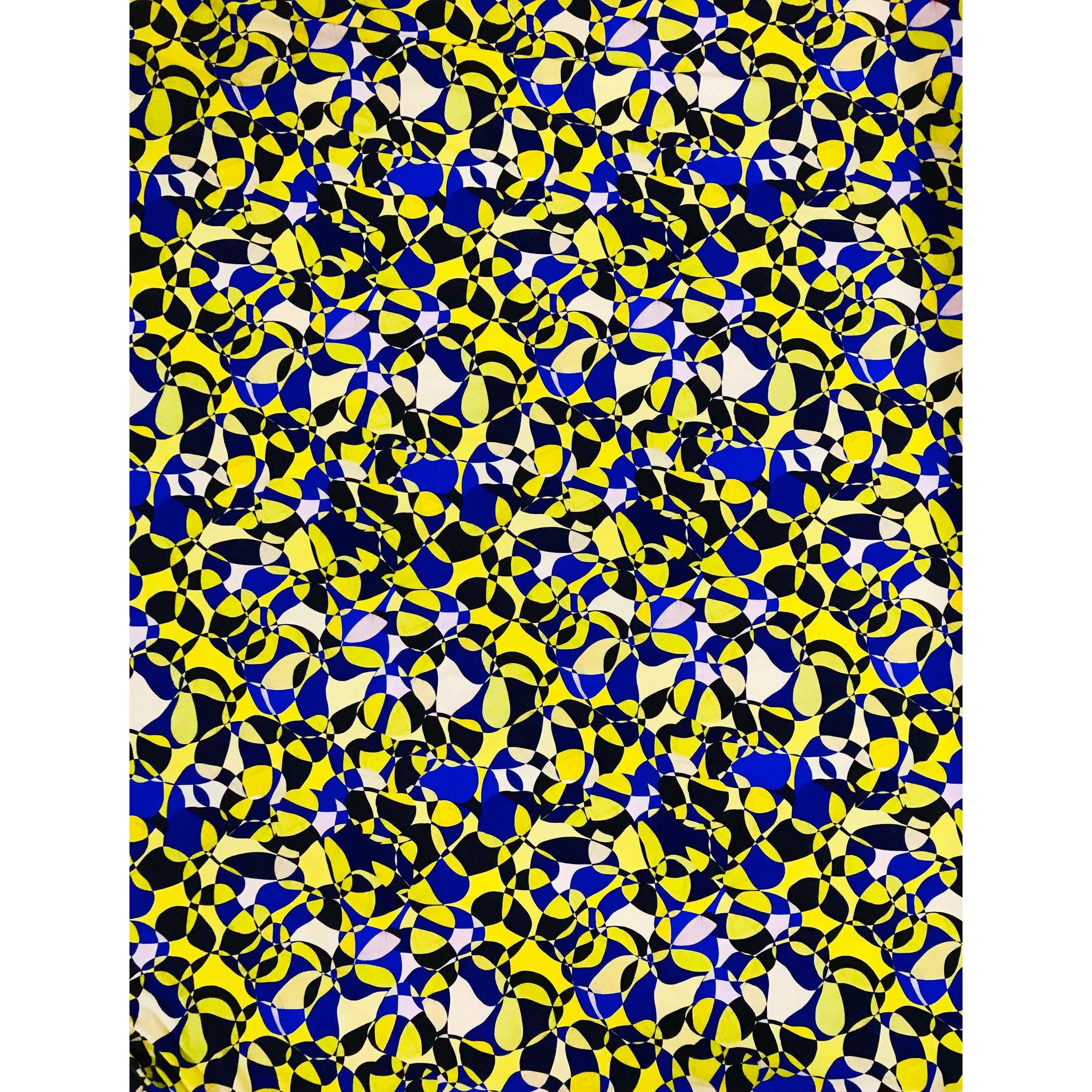 African Print, Elastic Knit Fabric - Yellow, Shades of Blue "Chiasoka", Per Yard