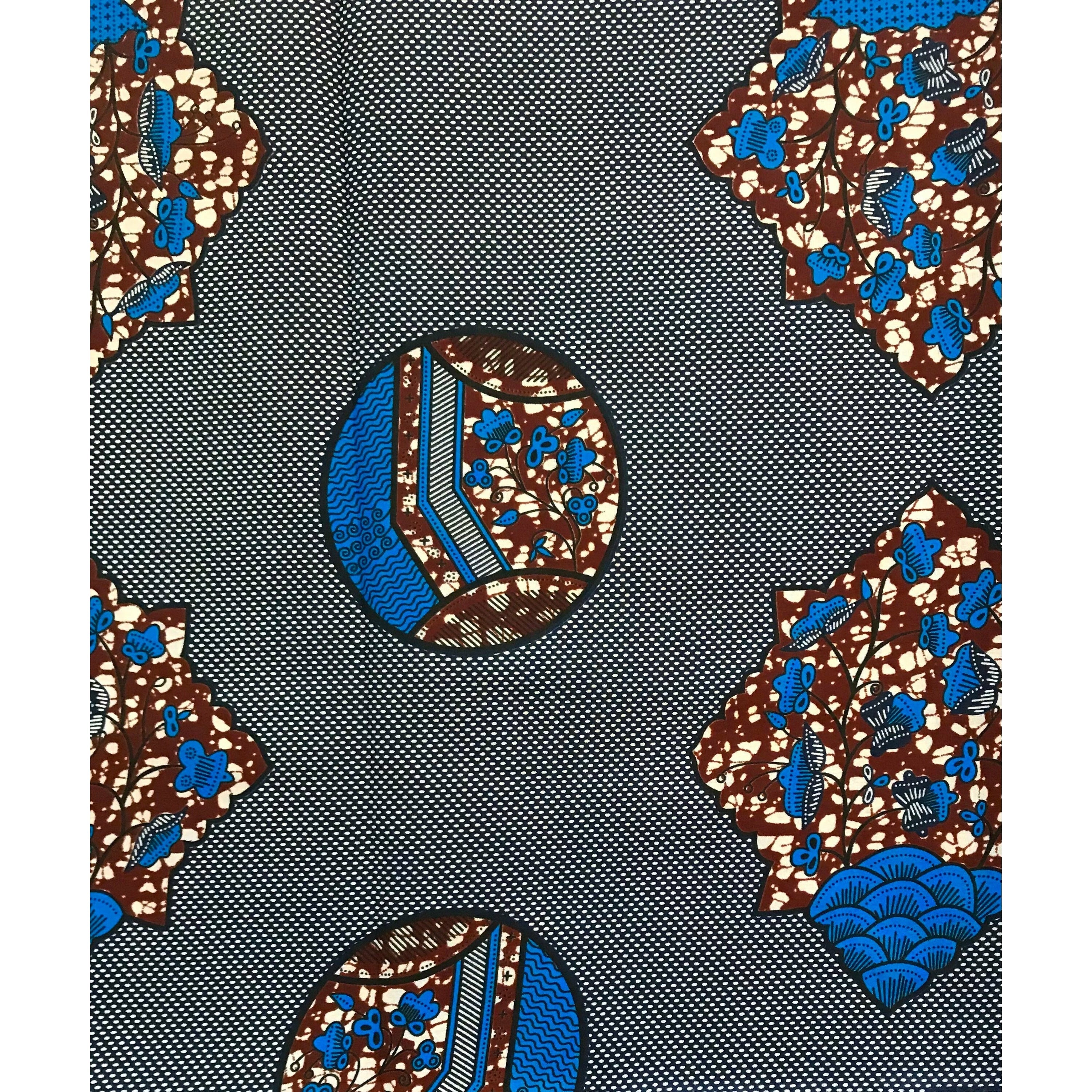 African Print Fabric/ Ankara - Blue, Brown 'Azande Weights’ Design, YARD or WHOLESALE