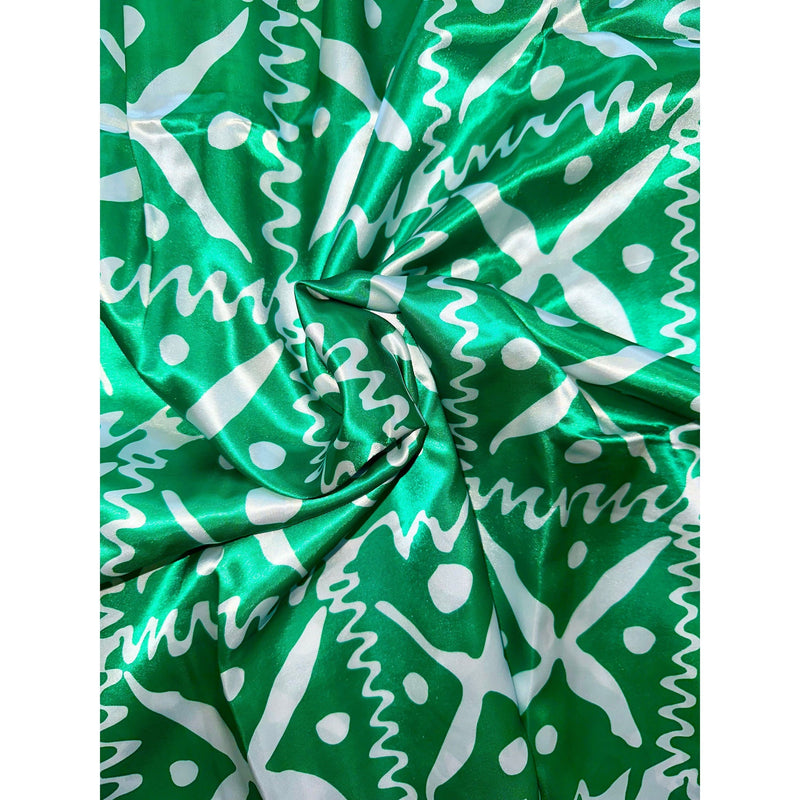African Print, Satin Fabric- Green, White "Naija To The Max", Per Yard or Wholesale
