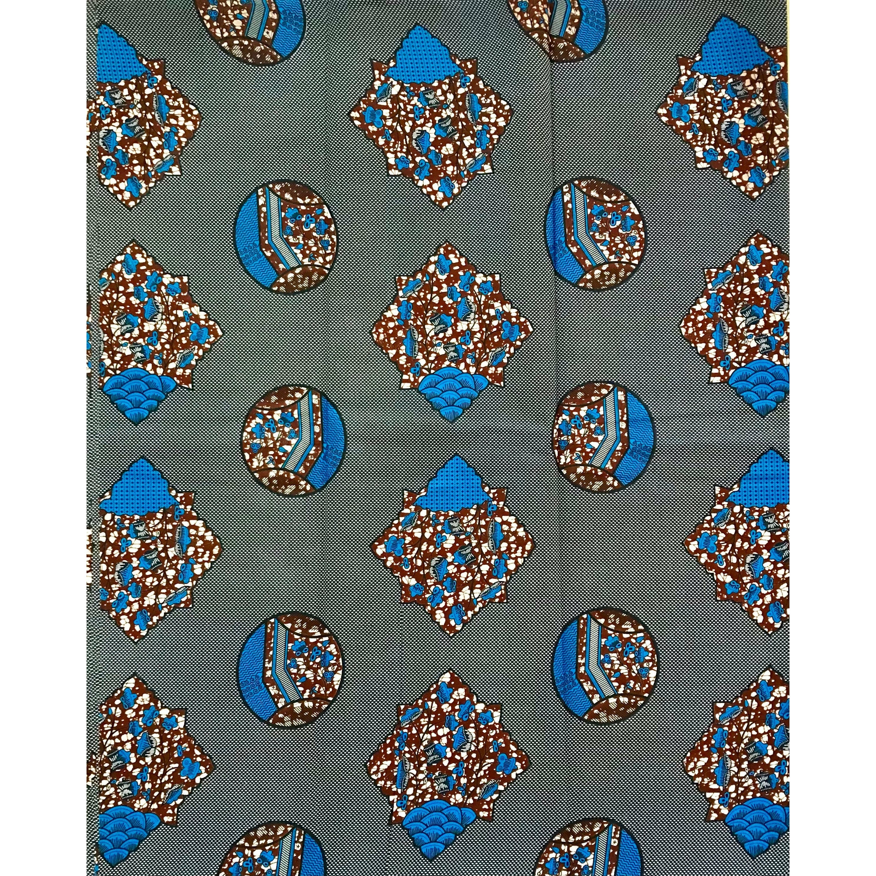 African Print Fabric/ Ankara - Blue, Brown 'Azande Weights’ Design, YARD or WHOLESALE