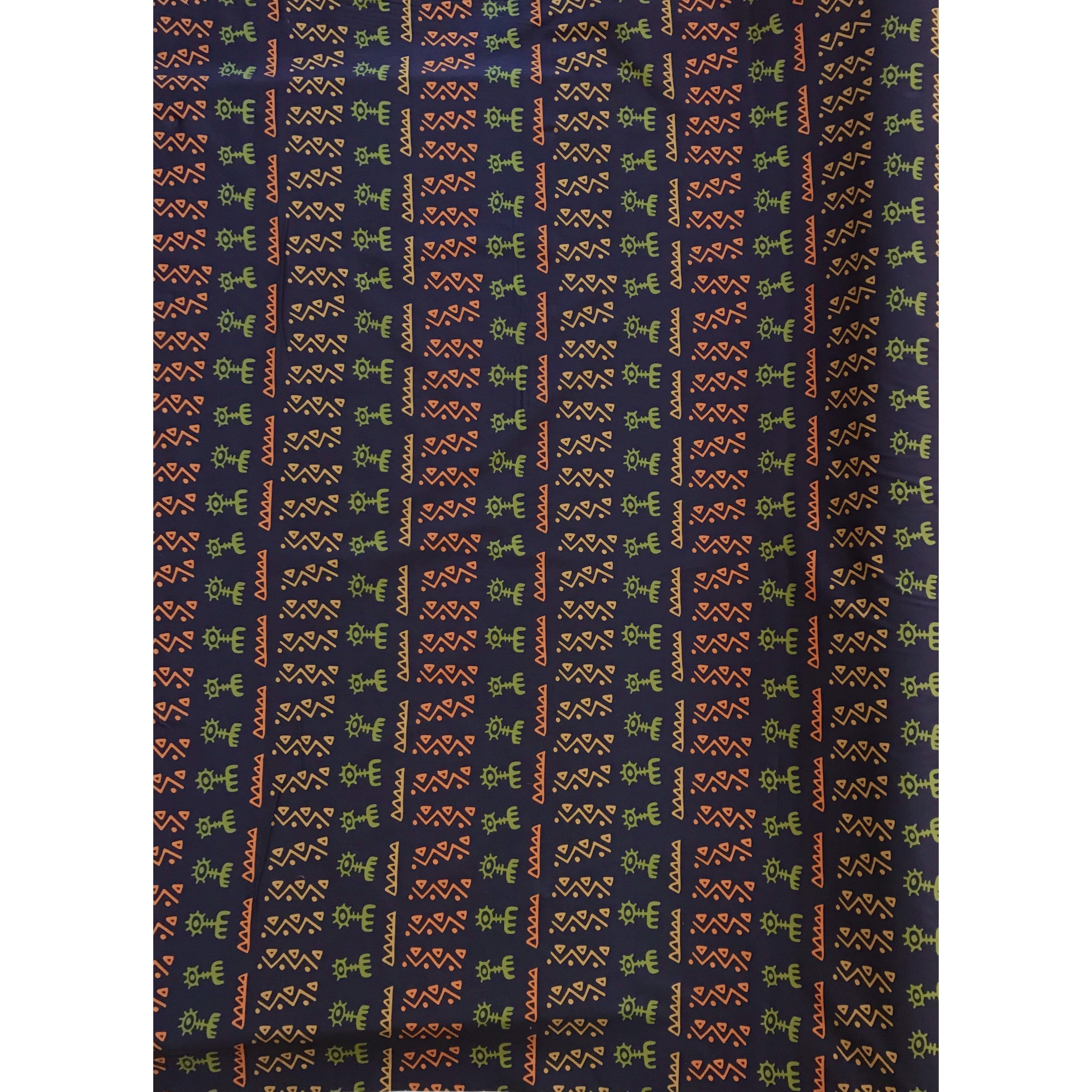 African Print, Stretch Cotton Satin Fabric- Navy, Orange, Green "Adewale" Per Yard