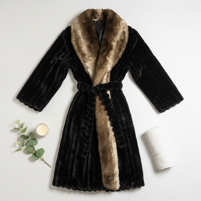 Faux Fur Long Sleeve Robe / Coat Black
