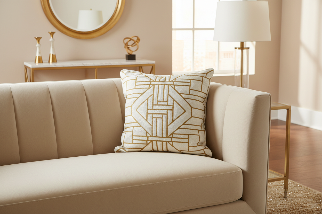 White Throw Pillow with Ivory and Gold Holographic Embroidered Stitching - SEV006.
