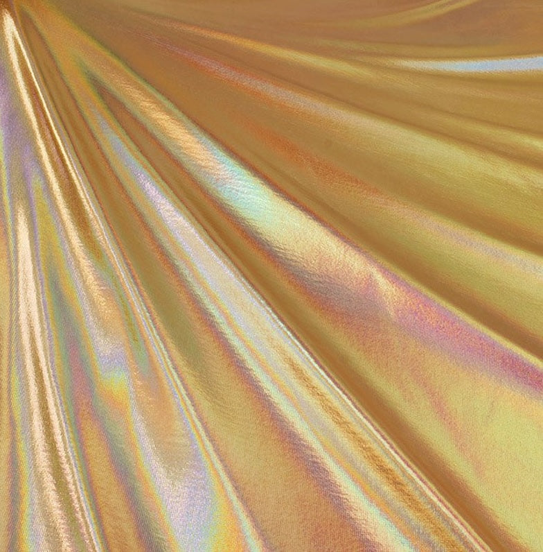 Gold Iridescent Hologram Metallic Foil Spandex Fabric – 4-Way Stretch Knit, 60” Wide
