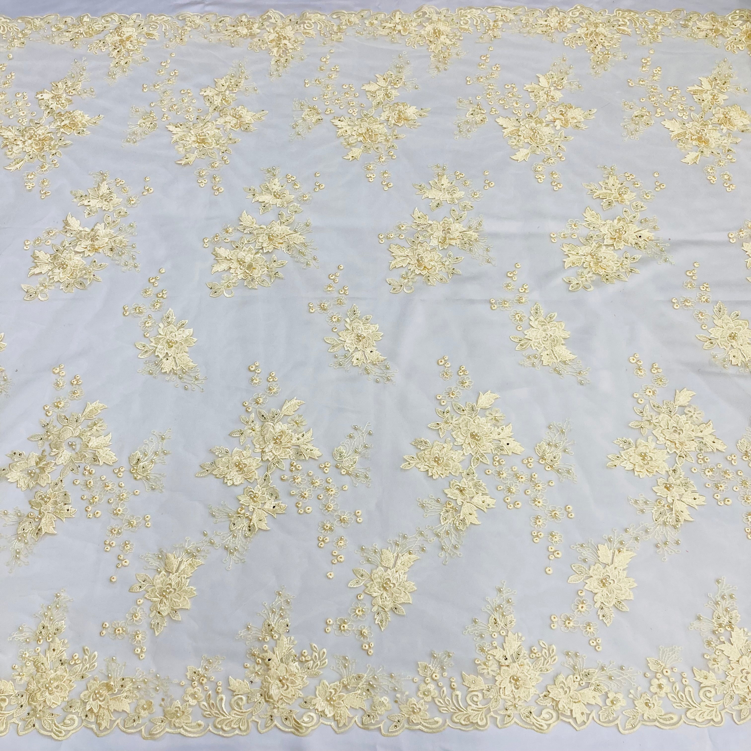 Beaded 3D Floral Lace Fabric Embroidered on 100% Polyester Net Mesh | Lace USA - GD-031