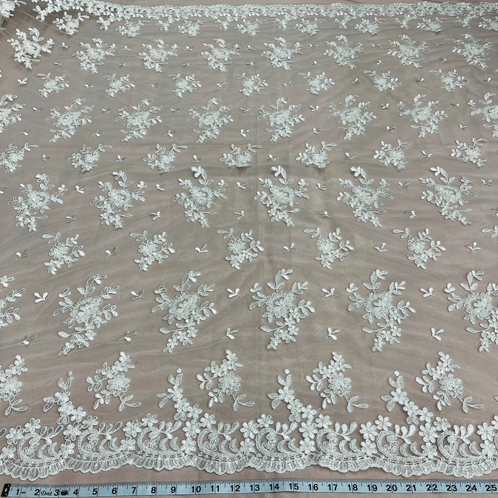 Beaded & Corded Lace Fabric – Floral Design with Scalloped Edges | Lace USA - 91436W-BP