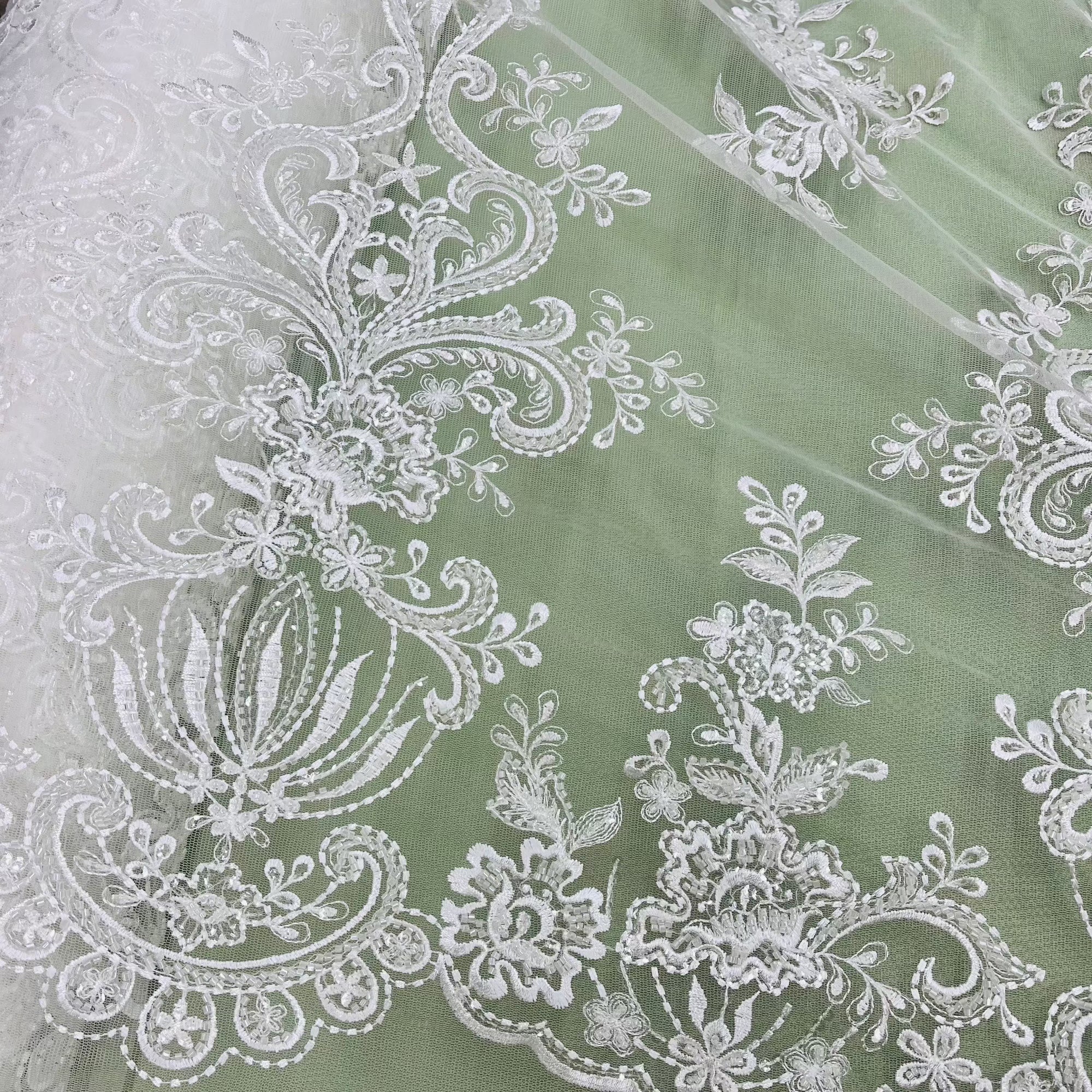 Beaded Lace Fabric Embroidered on 100% Polyester Net Mesh | Lace USA - GD-12186