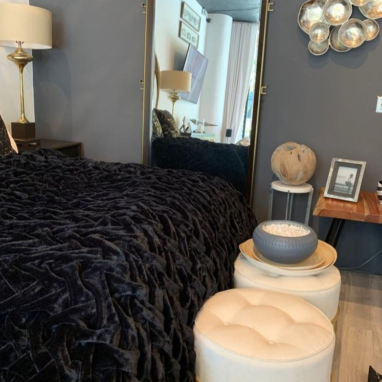 Braided Fluffy Faux Fur Chinchilla Black Bed Cover/ Coverlet/ Blanket/ Comforter/ King Cal Size - Queen Size