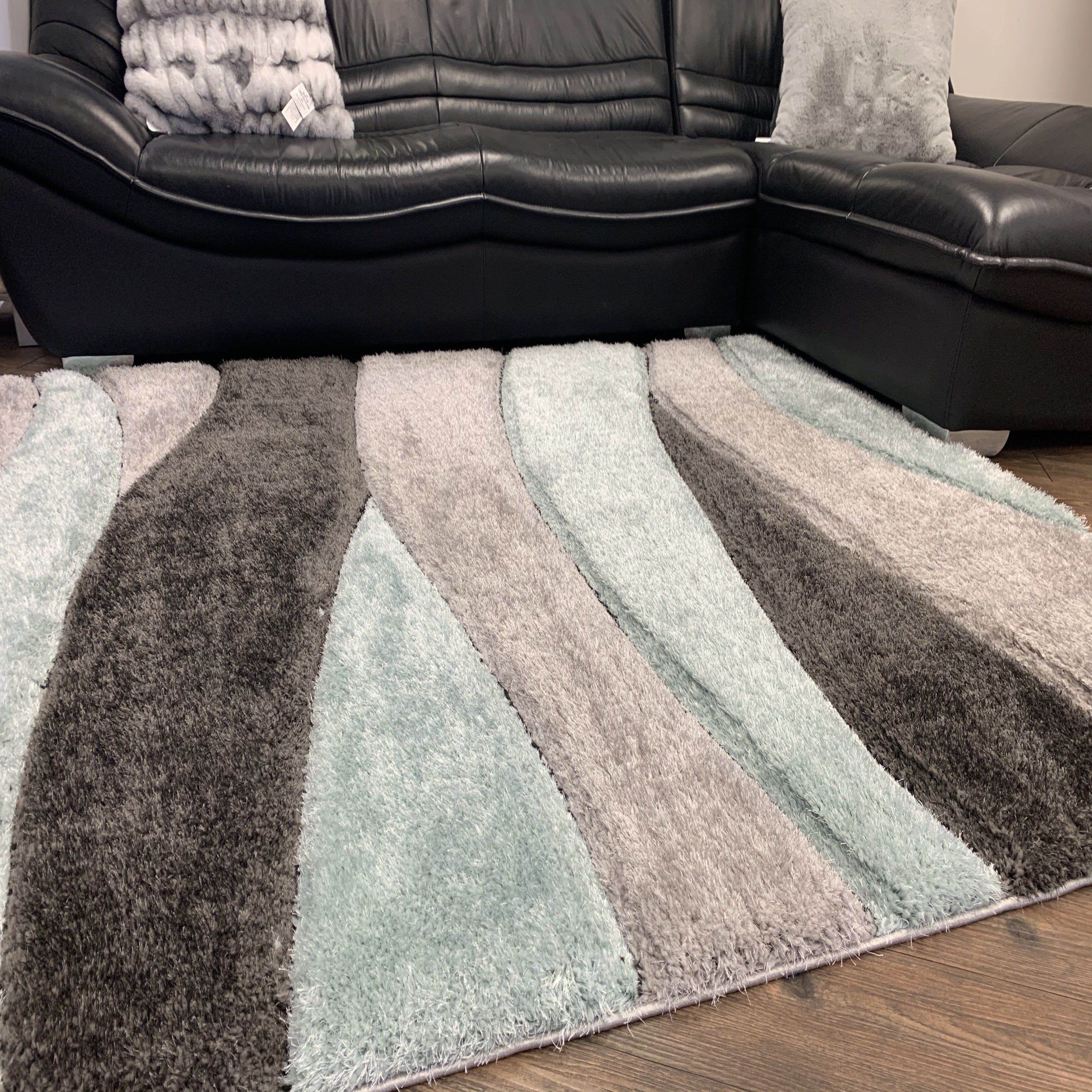 Touch of Aqua/Gray/Silver Shag Area Rug/Carpet | Style# SR-731 - Crafted from 100% Polyester, Plush Fluffy Shine 3D Stone Design