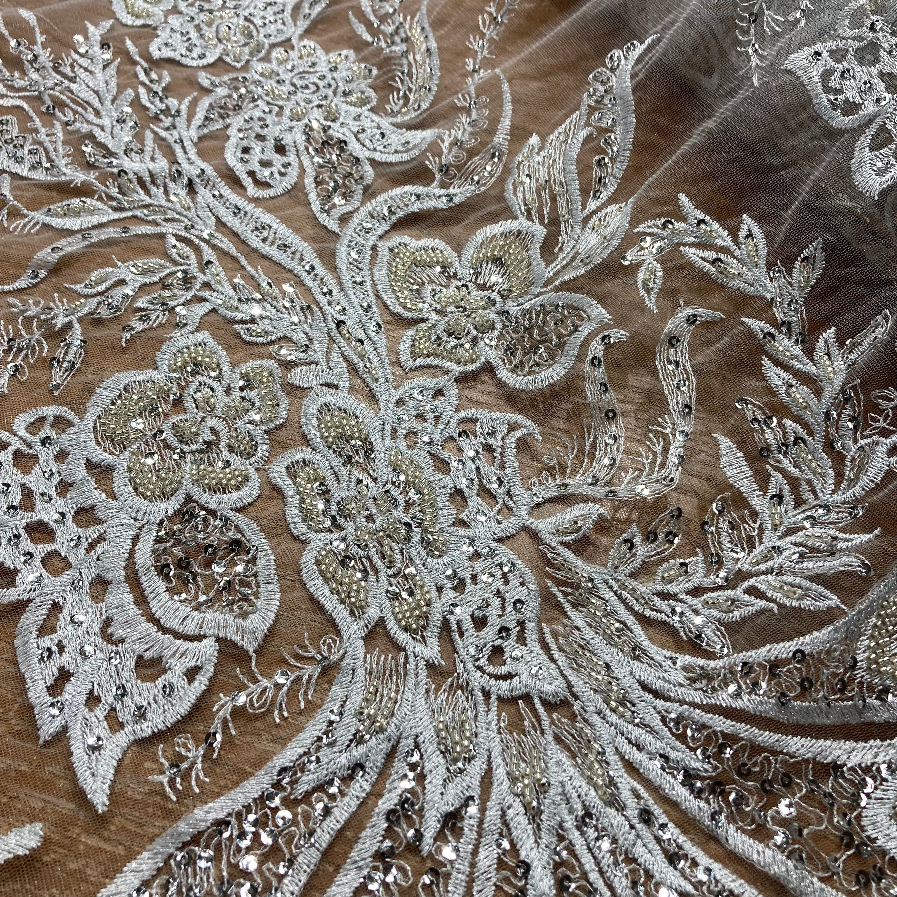 Beaded & Sequined Lace Fabric Embroidered on 100% Polyester Net Mesh | Lace USA - GD-67814