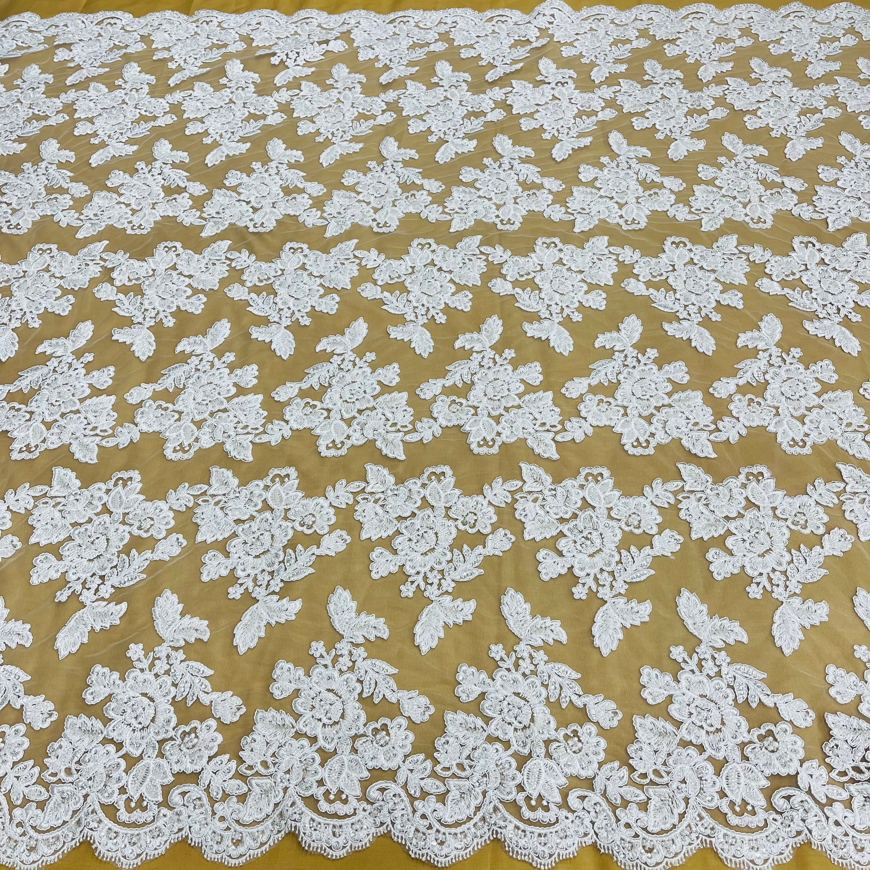 Beaded & Corded Bridal Lace Fabric Embroidered on 100% Polyester Net Mesh | Lace USA - 95409W-HB