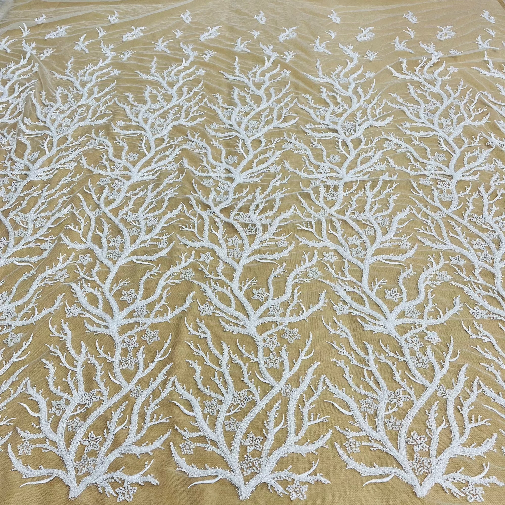 Beaded Lace Fabric Embroidered With Fuzzy Thread on 100% Polyester Net Mesh | Lace USA - GD-12263