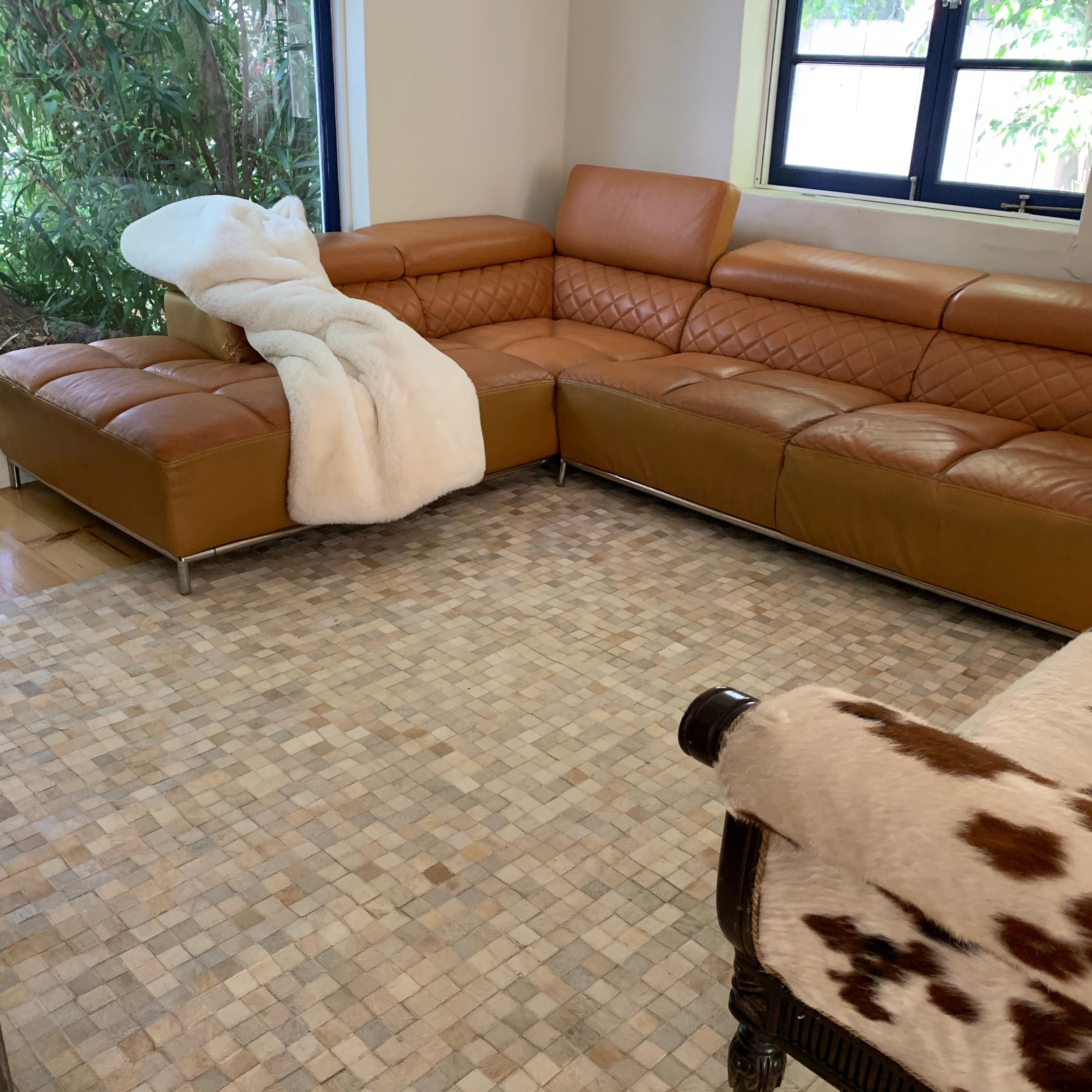 Natural Cowhide Leather Patchwork Tile Area Rug