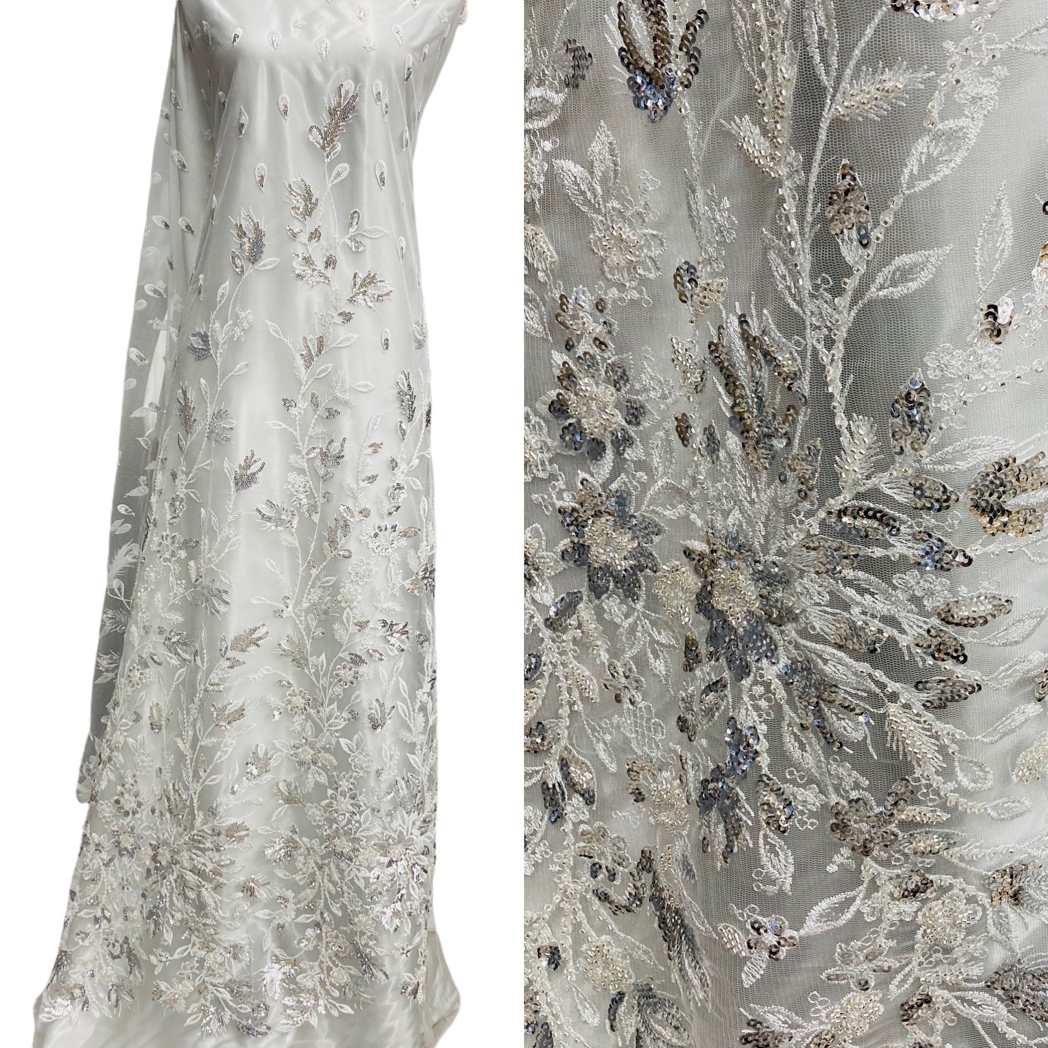 Beaded & Sequined Lace Fabric Embroidered on 100% Polyester Net Mesh | Lace USA - GD-67613
