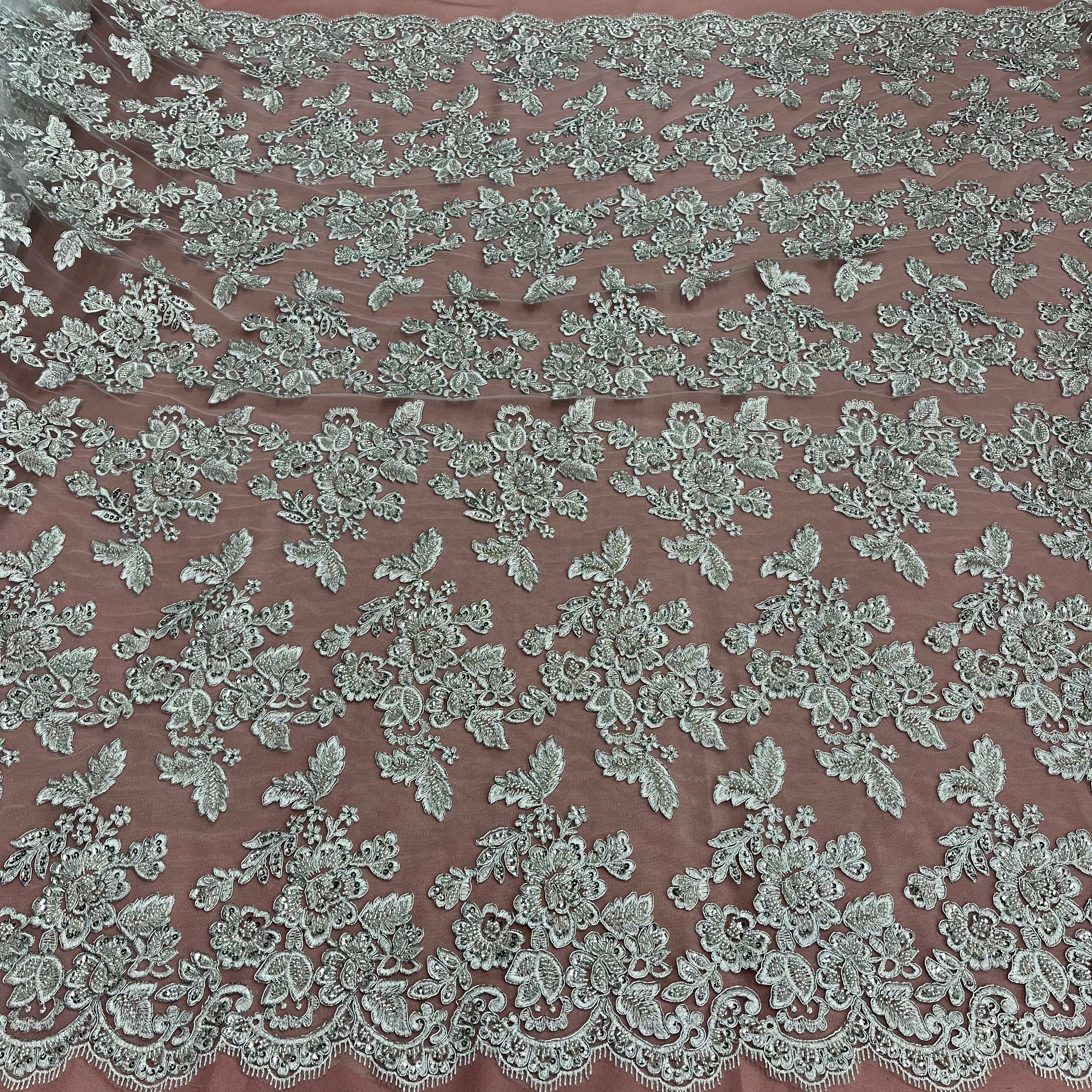 Beaded & Corded Bridal Lace Fabric Embroidered on 100% Polyester Net Mesh | Lace USA - 95409W-HB